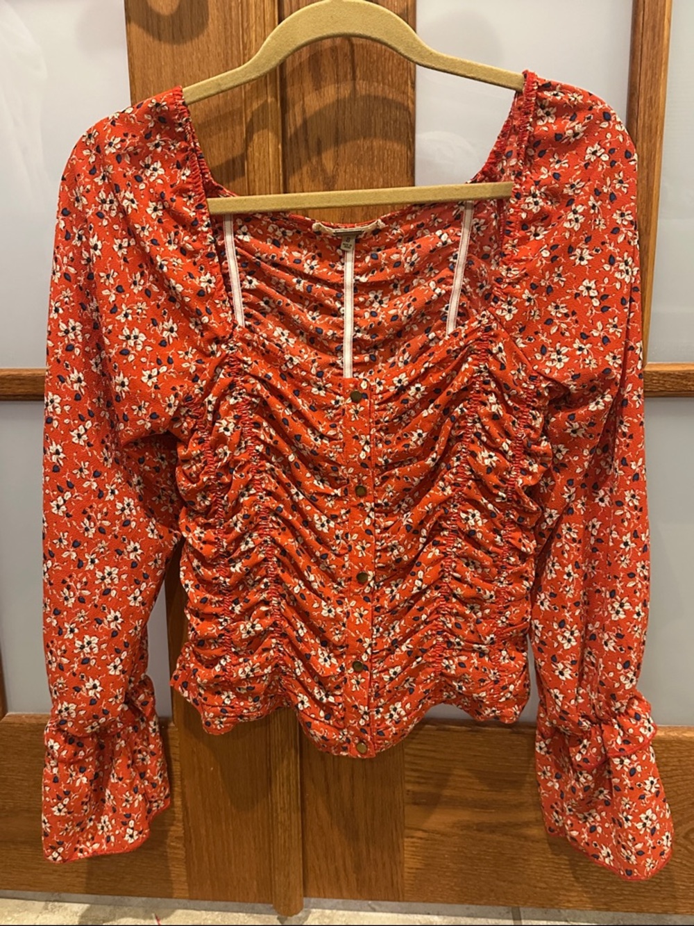 gimmicks by BKE Orange Floral Ruched Square-Neck Blouse - Picture 3 of 8